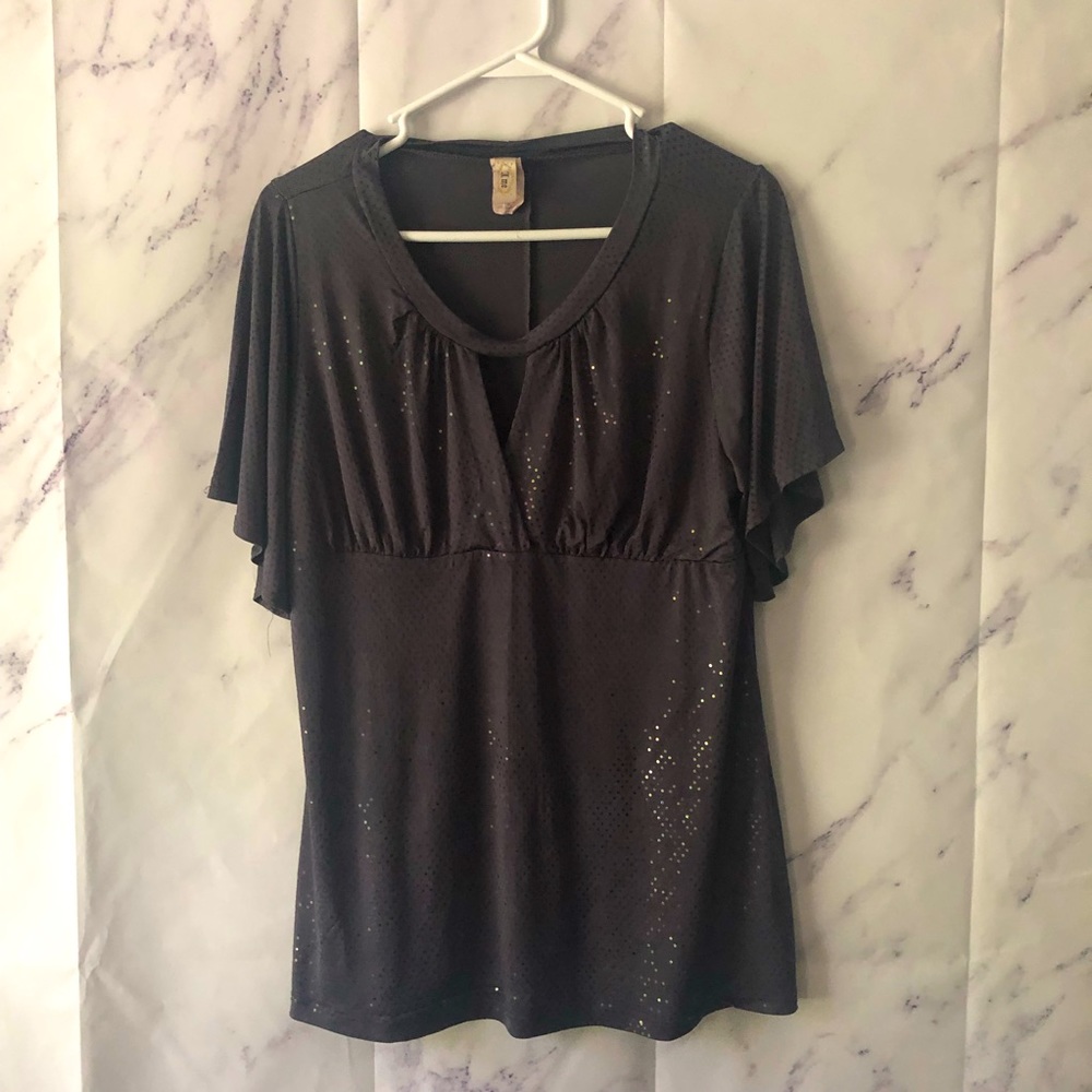 DARK GREY SEQUIN GLITTER FLUTTER SHORT SLEEVE BLOUSE TOP WOMENS 1X